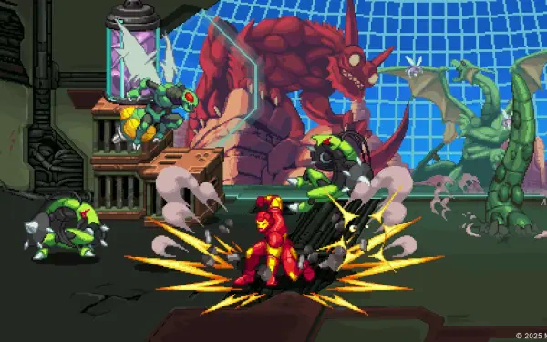 HD PC desktop wallpaper/background from MARVEL Cosmic Invasion video game: Iron Man clashes with a giant red monster and green minions in a pixel-art city battle.