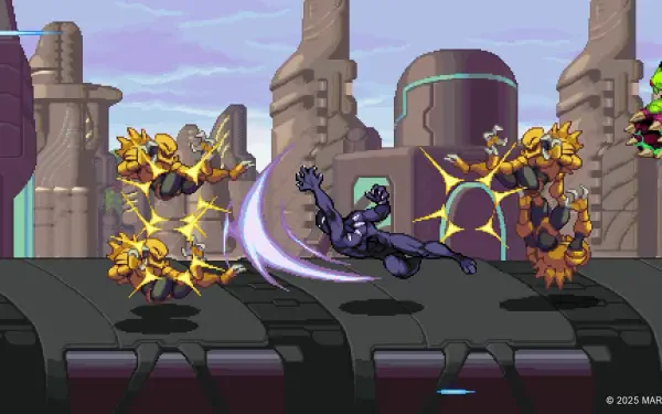 HD PC desktop wallpaper from MARVEL Cosmic Invasion—Black Panther (Marvel Comics) mid-attack on a futuristic platform, slashing two golden cosmic enemies in a 2D side‑scroll action scene.