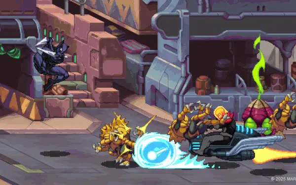 HD PC wallpaper from video game MARVEL Cosmic Invasion: Cosmic Ghost Rider on a flaming skull bike firing blue energy amid armored foes on a neon sci‑fi street background.