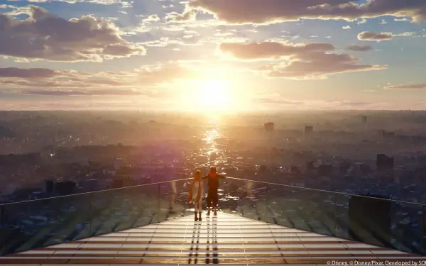 Kingdom Hearts IV (Kingdom Hearts) video game scene: two figures on a rooftop gaze over a sunlit cityscape at dawn — 4K Ultra HD PC desktop wallpaper/background.