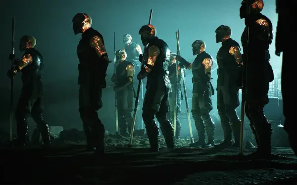 HD PC wallpaper from the video game Star Wars: Zero Company showing a line of armored Star Wars soldiers holding rifles against a misty, teal-lit battlefield background.
