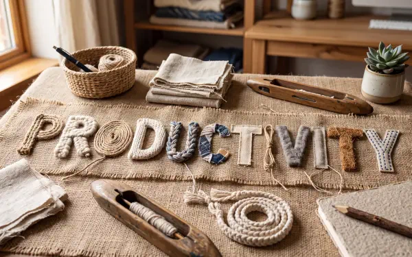 5K Ultra HD PC desktop wallpaper showing woven letters spelling PRODUCTIVITY on a rustic worktable surrounded by textile tools, baskets, folded linens and a small succulent.
