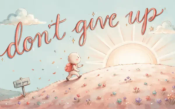 4K Ultra HD PC desktop wallpaper and background: a small child with a backpack walks toward a glowing sunrise over a flower-dotted hill beneath the handwritten quote don't give up.