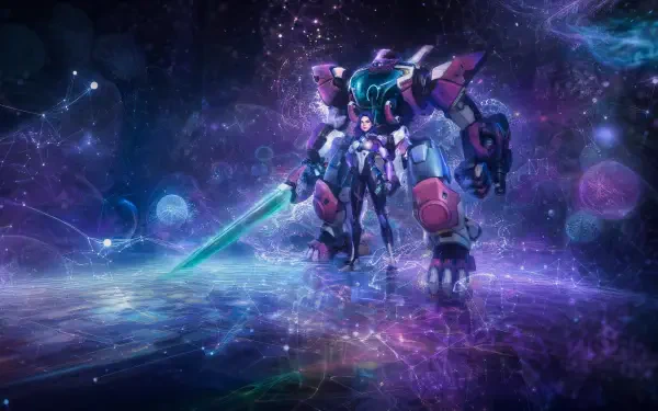 D.Mon mecha with a glowing sword standing on a crystalline space plane, nebula and stars behind, 4K Ultra HD PC desktop wallpaper