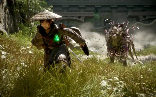 4K Ultra HD PC wallpaper of a video game samurai warrior fleeing through tall grass as a spectral Beast of Reincarnation monster pursues him amid misty temple ruins.