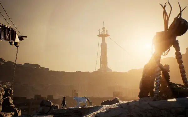 4K Ultra HD PC desktop wallpaper from the video game Beast of Reincarnation: a towering skeletal beast silhouetted against sunlit desert ruins with a distant lighthouse.