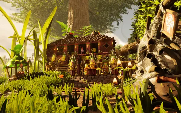 4K Ultra HD PC desktop wallpaper from the video game Grounded 2: a rustic hut nestled in a lush jungle forest among towering blades of grass.