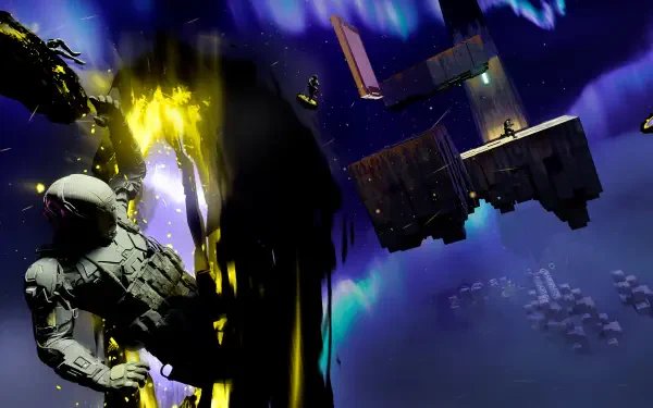 4K Ultra HD Call of Duty: Black Ops 7 PC wallpaper — astronaut confronting a shadowy alien amid floating space debris and neon auroras