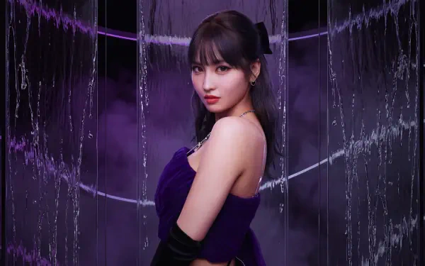 5K Ultra HD desktop wallpaper: a K-pop idol–inspired Japanese model look in a purple dress poses before a purple-lit cascading water backdrop, MiSaMo/Twice aesthetic.