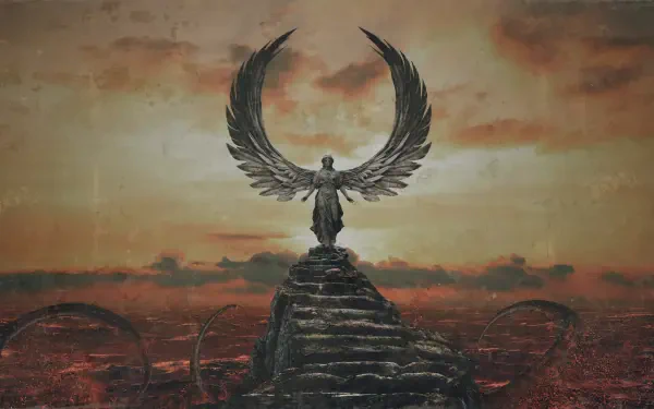Quake-inspired video game 2K Quad HD PC desktop wallpaper background: a winged angel statue stands atop ruined steps against a fiery, blood-red sky.
