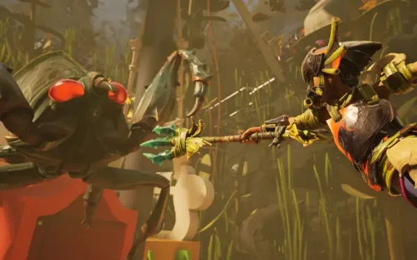 HD PC desktop wallpaper from video game Grounded 2: an armored insect-alien warrior lunges with a spiked spear at a giant red-eyed insect amid towering backyard grass.