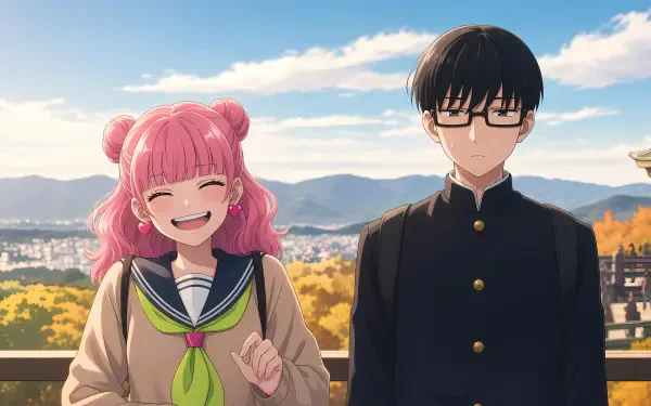5K Ultra HD PC desktop wallpaper of Miyu Suzuki and Yuusuke Tani: pink‑haired, smiling girl and stoic bespectacled boy standing before a sunlit autumn cityscape.