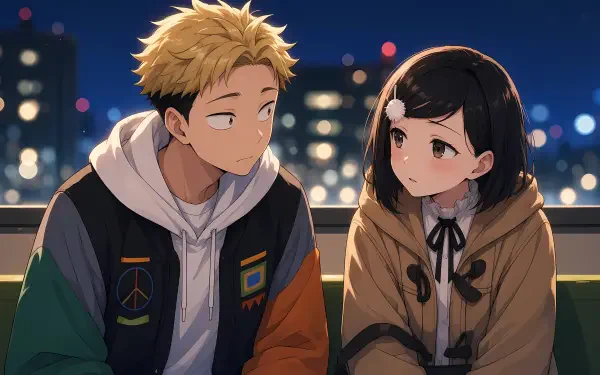 5K Ultra HD PC desktop anime wallpaper of Kentarou Yamada and Natsumi Nishi from Seihantai na Kimi to Boku: two teens on a rooftop at night, city lights glowing behind them.