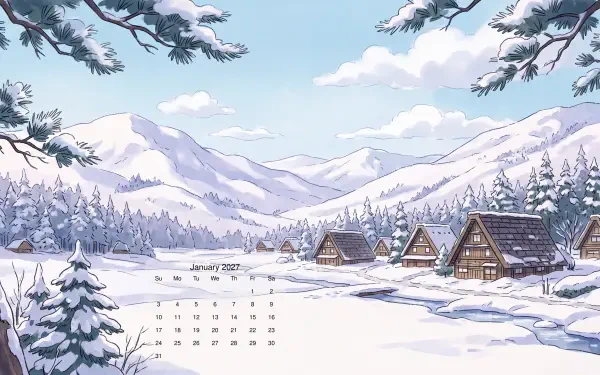 January 2027 calendar wallpaper showing a snowy mountain valley with pine trees and cozy wooden cabins by a frozen stream under a clear blue sky — 5K Ultra HD desktop background