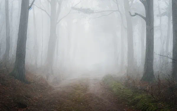 Misty forest trail: fog-shrouded trees and a narrow dirt path fading into haze — 4K Ultra HD PC desktop wallpaper and background.