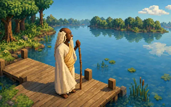 La Peace (meme) 4K Ultra HD PC Desktop Wallpaper and Background: robed figure with staff stands on a wooden dock, gazing over a tranquil lake with tree-covered isles and a reflective blue sky.