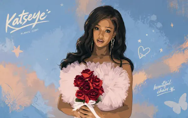 Katseye 4K Ultra HD PC desktop wallpaper: stylized portrait of a woman holding red roses and a fluffy pink heart cushion against a pastel blue sky with butterflies and a hand-lettered logo.