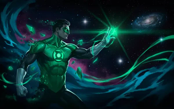 Green Lantern superhero (male) in comic-style 4K Ultra HD PC desktop wallpaper: glowing green power ring unleashes energy into a swirling cosmic nebula and starfield background.