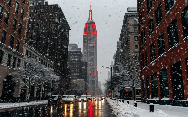 Snow falls on a wet New York avenue lined with brick buildings, headlights reflecting toward the red-lit Empire State Building rising among skyscrapers — 4K Ultra HD PC desktop wallpaper.