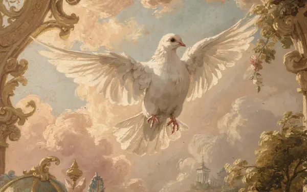 4K Ultra HD PC desktop wallpaper and background: a white dove soars with outstretched wings amid sunlit baroque clouds and ornate architectural flourishes.