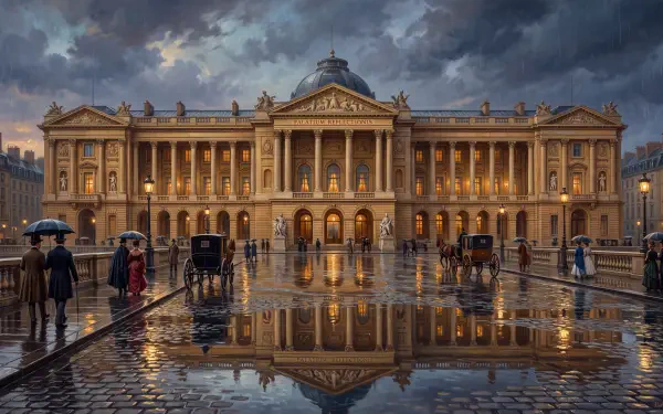 5K Ultra HD PC desktop wallpaper/background: grand illuminated palace landmark reflected in a rain-soaked square, ornate architecture under a stormy sky, figures with umbrellas and a carriage.