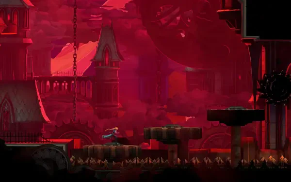 HD PC desktop wallpaper/background from the video game Castlevania: Belmont's Curse — crimson Gothic castle interior with Belmont running across chained platforms.