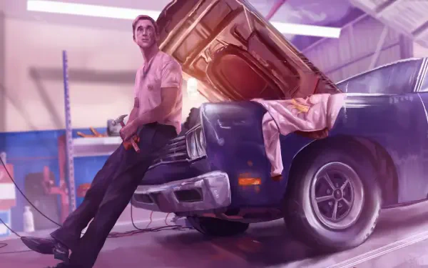 4K Ultra HD digital art PC wallpaper: a movie-style male leans against a vintage car with its hood open in a neon-lit garage, cinematic lighting and retro, cinematic atmosphere.