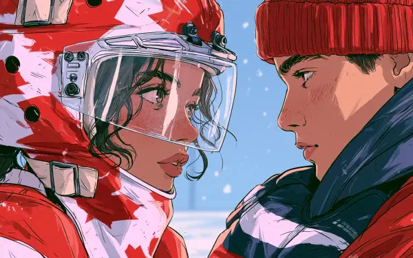 2K Quad HD PC desktop wallpaper and background: winter hockey romance — a couple face each other, one in a red hockey helmet with visor, the other in a red beanie, snow falling.