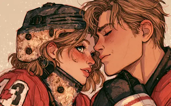 Close-up illustration of a loving couple in hockey gear sharing a tender near-kiss, warm freckled faces and scuffed helmet details — 2K Quad HD PC desktop wallpaper and background.