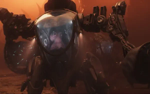 2K Quad HD PC wallpaper from video game Exodus (2027): armored mech prowling a red battlefield, pilot reflected in the cockpit visor.