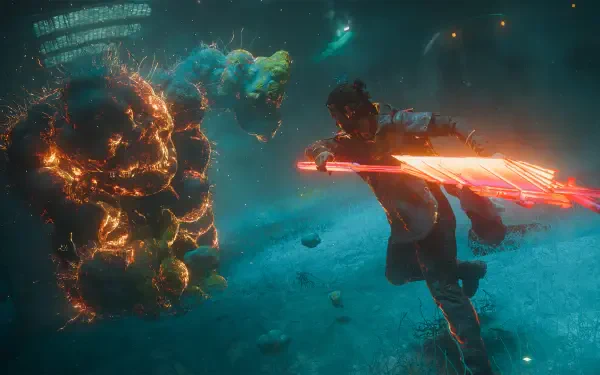 HD PC desktop wallpaper from video game Control Resonant: underwater diver lunges with a red energy blade at a glowing, magma-like sea monster.