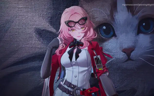 2K Quad HD anime wallpaper of Ananta — pink‑haired video game girl in a red coat and sunglasses, posed before a giant cat face backdrop.