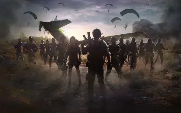 Playerunknown's Battlegrounds HD PC wallpaper: silhouetted soldiers and parachutes over a smoky war zone, a central soldier holding a rifle.
