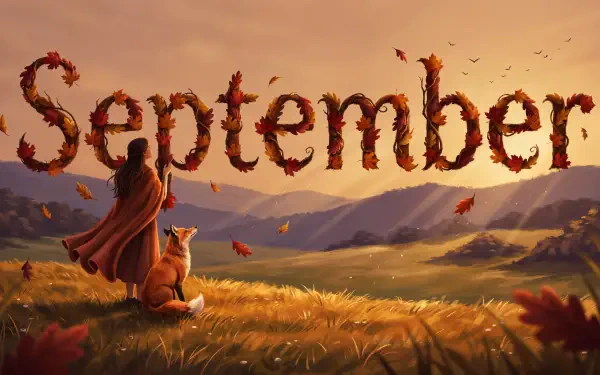 September autumn landscape 4K Ultra HD PC desktop wallpaper: a cloaked figure and dog gaze over golden fields as leaf-formed September drifts across a warm sky.
