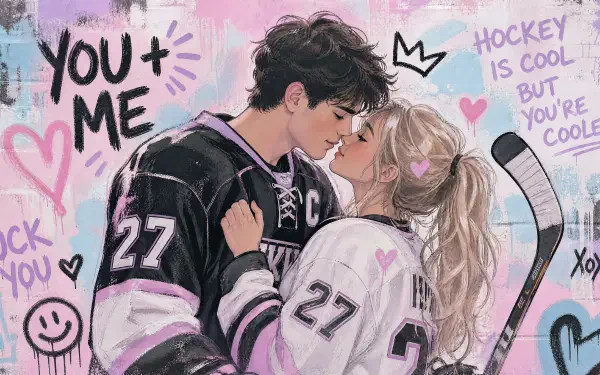 4K Ultra HD PC desktop wallpaper: hockey romance—young couple in matching #27 jerseys share a tender kiss, embracing with a hockey stick and graffiti hearts in a pastel rink background.