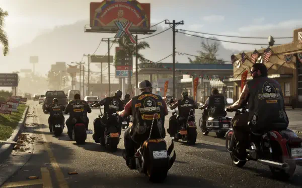 Grand Theft Auto 4K Ultra HD PC desktop wallpaper: a biker gang on motorcycles riding down a sunlit urban street, rear view of leather-clad riders and city signs.