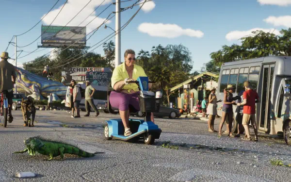 Grand Theft Auto VI 4K Ultra HD PC desktop wallpaper: street scene from the video game with a person on a mobility scooter passing a small alligator in a busy urban market.