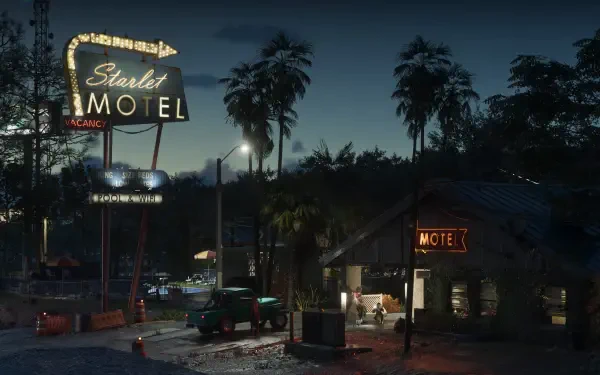 Grand Theft Auto VI 4K PC wallpaper: nighttime motel scene with neon Starlet Motel sign, palm trees, parked cars and moody coastal skyline from the Grand Theft Auto video game.