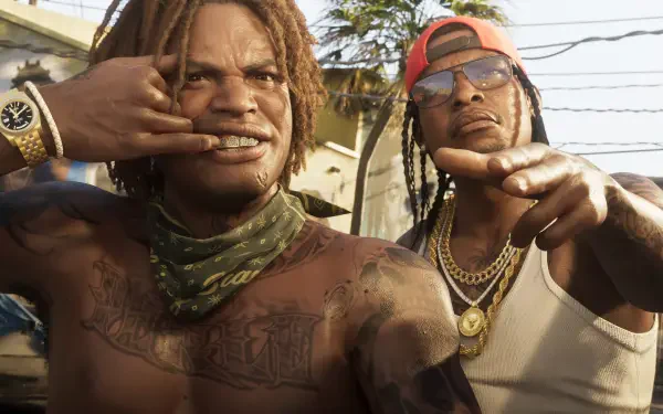 Gritty portrait of two men from Grand Theft Auto VI, street-style poses with gold chains — 4K Ultra HD Grand Theft Auto video game PC desktop wallpaper/background.