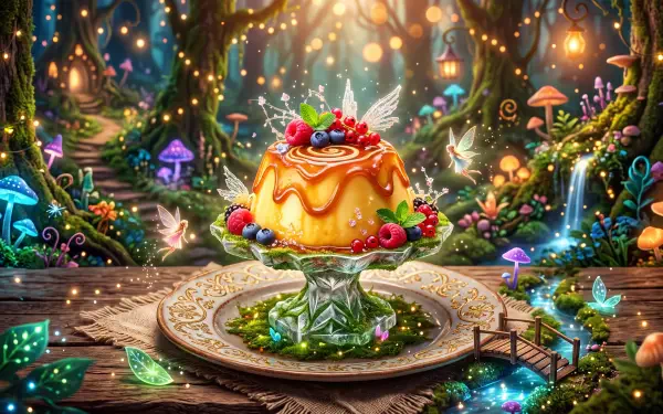 5K Ultra HD PC desktop wallpaper background of a glossy pudding dessert cake on a crystal stand, topped with berries and surrounded by glowing mushrooms, fairy lights and an enchanted forest.