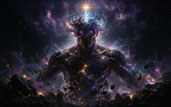 4K Ultra HD PC desktop wallpaper of a colossal forgotten god‑like alien formed from swirling galaxy gas and stars, glowing eyes, emerging from cosmic debris in deep space.