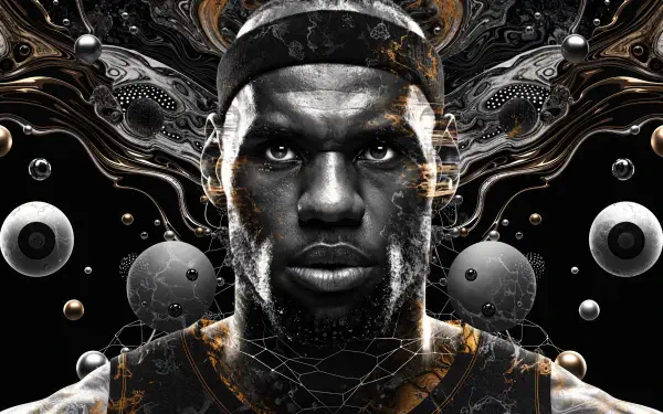 4K Ultra HD PC desktop wallpaper: stylized close-up portrait of a male basketball player in a headband, intense stare, cracked texture overlay and swirling metallic orb background.