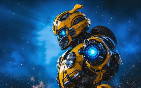 4K Ultra HD Transformers PC wallpaper showing Bumblebee — yellow armored robot with glowing blue optics against a dramatic deep-blue cosmic backdrop (tags: OptimusPrime).