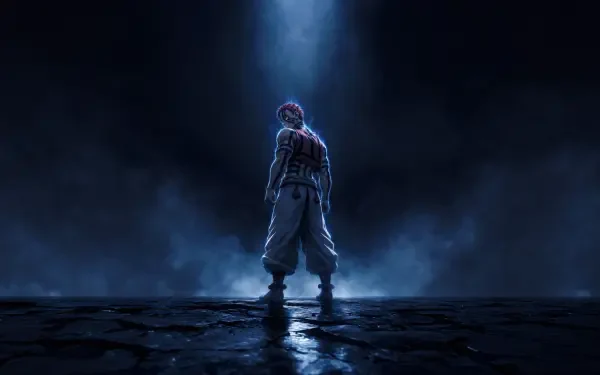 Akaza (Demon Slayer: Kimetsu no Yaiba) anime 5K Ultra HD PC desktop wallpaper/background: Akaza stands alone in a shaft of light, mist and reflections on a dark, wet battlefield.