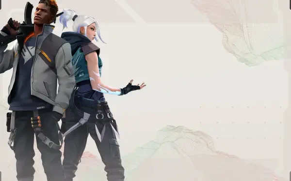 HD PC desktop wallpaper of Valorant agents Phoenix and Jett standing back-to-back against a pale, abstract background.