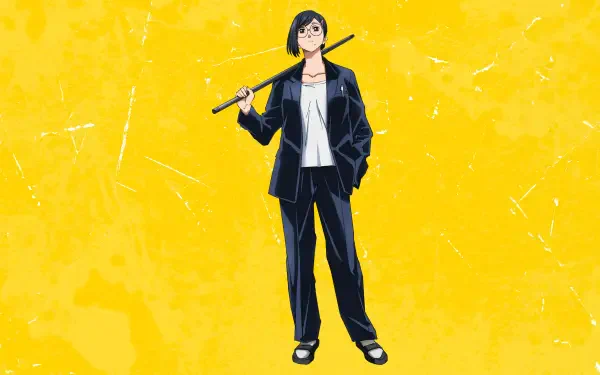 Sakamoto from Sakamoto Days stands in a black suit and white tee, sandals and bat over his shoulder against a textured yellow backdrop — 4K Ultra HD PC desktop wallpaper and background.