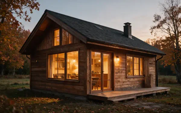 Cozy fall cabin house glowing at dusk amid autumn trees, warm interior lights visible — 2K Quad HD PC desktop wallpaper and background.