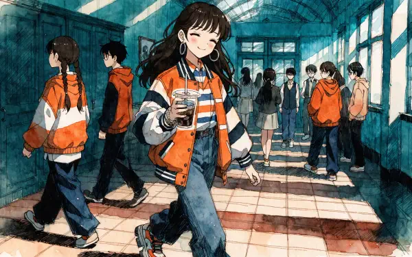 2K Quad HD PC desktop anime school aesthetic wallpaper: cheerful student with drink walks a sunlit school hallway while classmates in orange jackets pass.