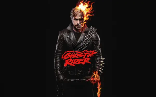 Ghost Rider: half-flaming skull face, studded leather jacket and chain, actor-inspired portrait on black background — 5K Ultra HD PC desktop wallpaper.