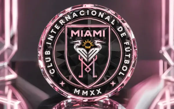 Inter Miami CF crest glowing in pink and black neon, high-detail 4K Ultra HD MLS soccer PC desktop wallpaper and background.